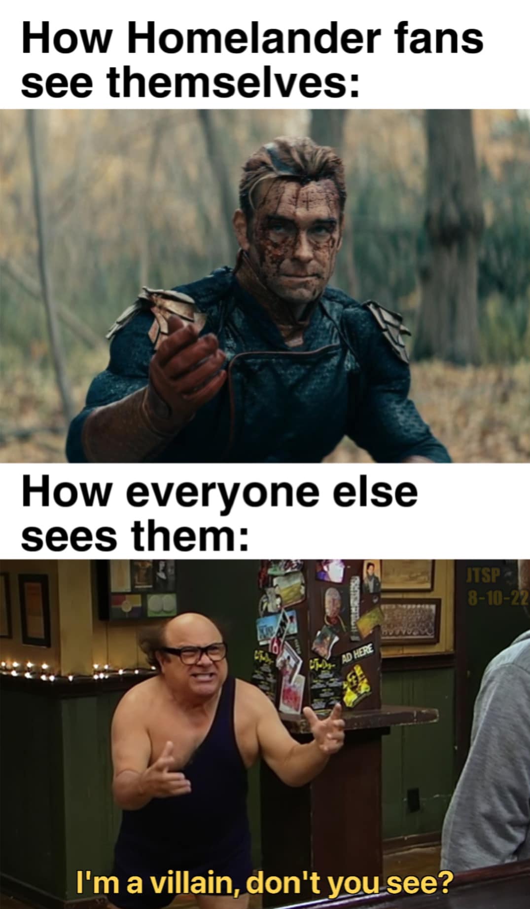 The meme is a humorous comparison between the TV show "Hawkeye" and the movie "The Avengers". The image shows a character from "Hawkeye" (Clint Barton) and a character from "The Avengers" (Tony Stark/Iron Man) with the same facial expression, implying that they are similar in personality. The text at the top reads "When you see yourself in a superhero" and at the bottom "But then you remember you're actually a villain".
